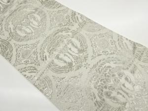 プラチナ箔向かい鳥に抽象草花・菱模様織出し袋帯